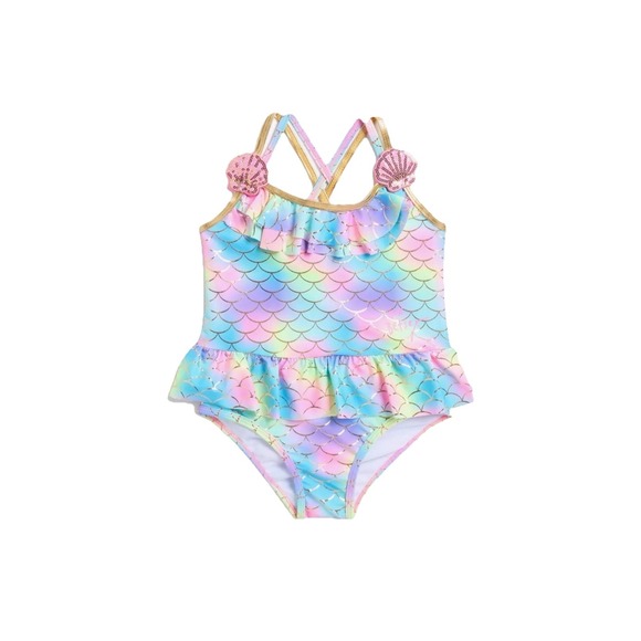 Betsey Johnson Swimsuit Girls Sz 10 Mermaid Rainbow Ruffles Seashells One Piece - Picture 1 of 11
